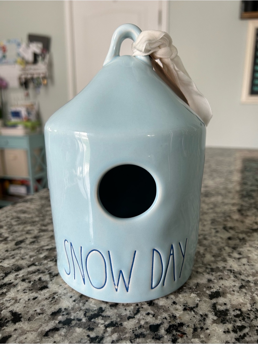 Rae Dunn By Magenta Light Blue Ceramic 'Snow Day' Birdhouse Ornament 8.5”
